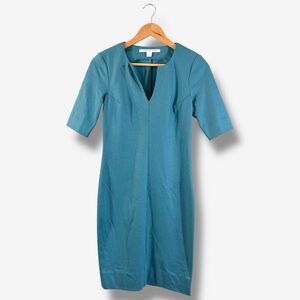DVF Aurora Sheath Dress Size 4 Teal Blue Green Wool Blend Minimalist Office Work
